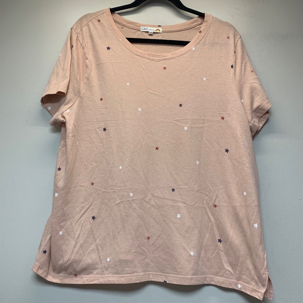 C&C California Star Print Tee Womens 1X Peach Good Short Sleeve Crew Neck 9858